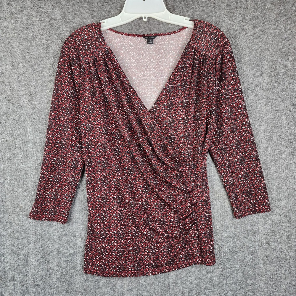 Ann Taylor Blouse Womens Small Red‎ Black White Surplice Ruched 3/4 Sleeve Top